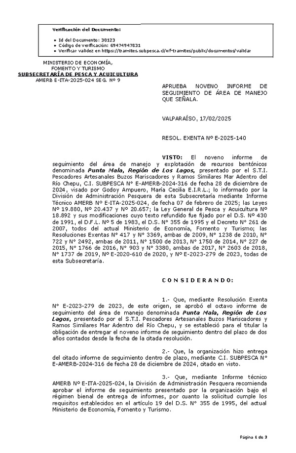 RESOL. EXENTA N° E-2025-140 Aprueba 9° seguimiento. (Publicado en Página Web 17-02-2025)