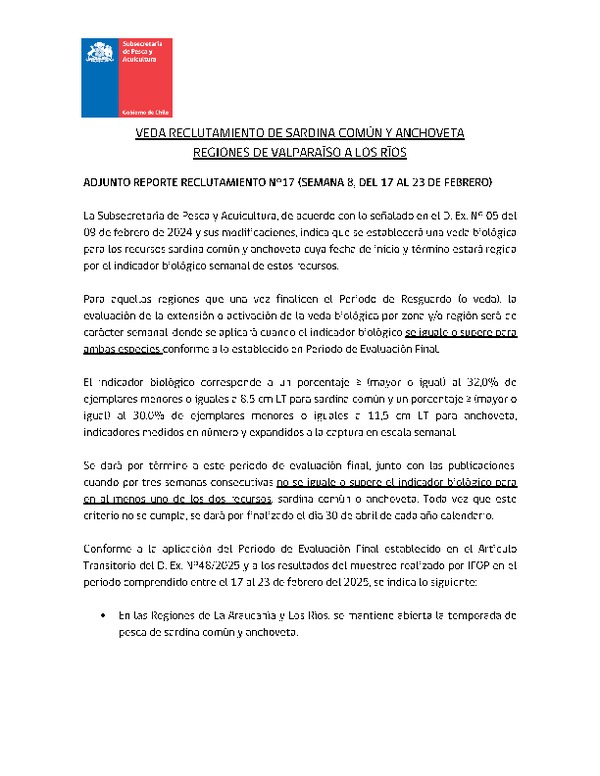 Reporte de reclutamiento N°17 de Sardina común y Anchoveta
