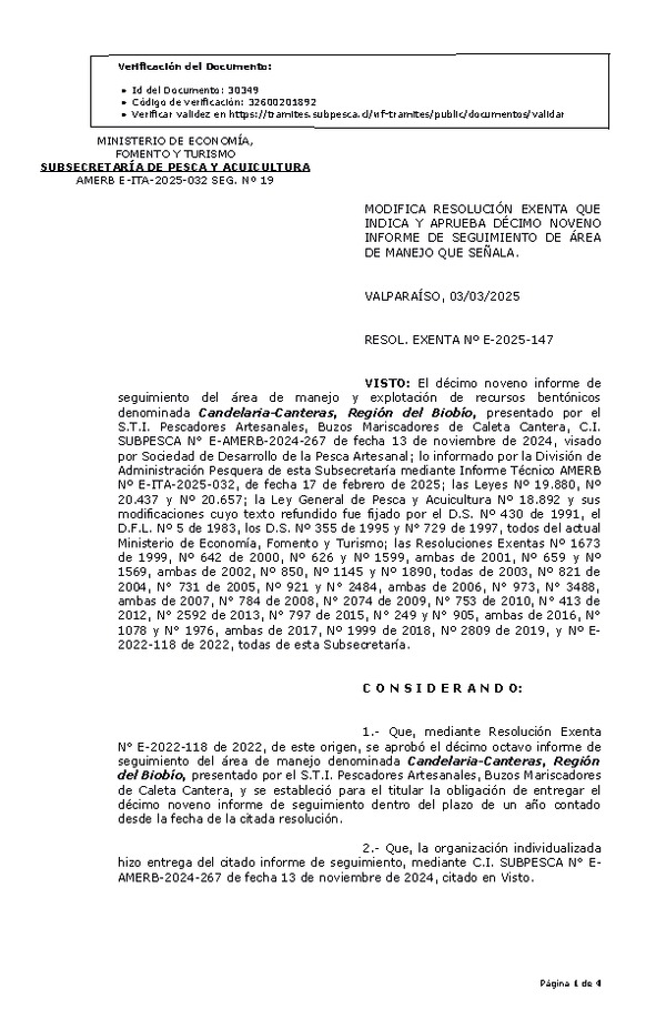 RESOL. EXENTA Nº E-2025-147 Modifica resolución que indica, Aprueba décimo noveno informe de seguimiento. (Publicado en Página Web 04-03-2025)