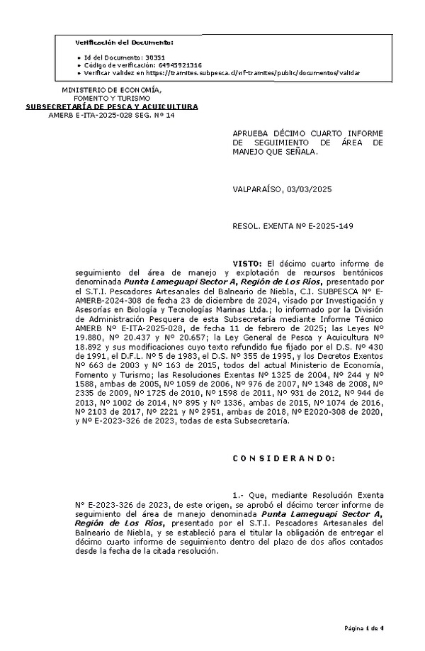 RESOL. EXENTA Nº E-2025-149 Aprueba décimo cuarto informe de seguimiento. (Publicado en Página Web 04-03-2025)