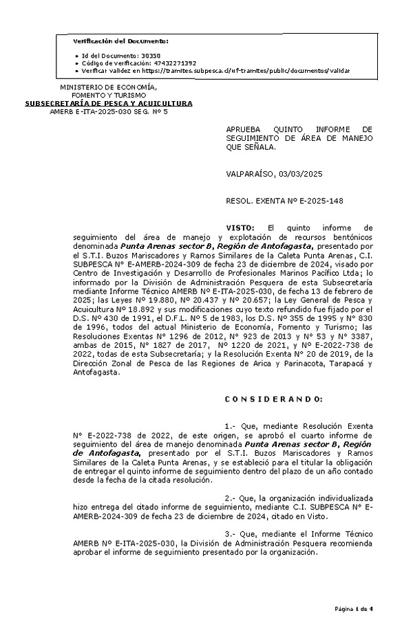 RESOL. EXENTA Nº E-2025-148 Aprueba quinto informe de seguimiento. (Publicado en Página Web 04-03-2025)
