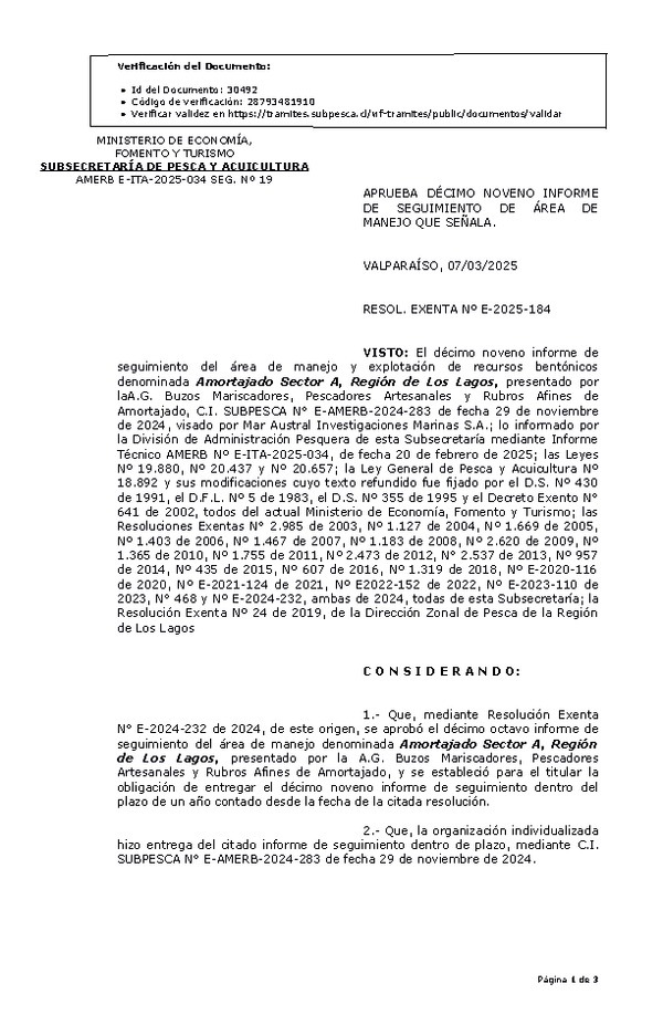 RESOL. EXENTA Nº E-2025-184 Aprueba décimo noveno informe de seguimiento. (Publicado en Página Web 10-03-2025)