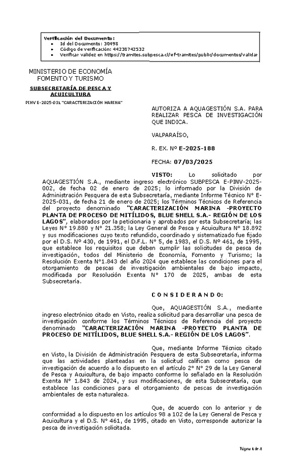 R. EX. Nº E-2025-188 AUTORIZA A AQUAGESTIÓN S.A. PARA REALIZAR PESCA DE INVESTIGACIÓN QUE INDICA. (Publicado en Página Web 10-03-2025)