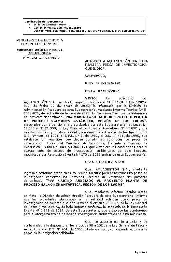 R. EX. Nº E-2025-191 AUTORIZA A AQUAGESTIÓN S.A. PARA REALIZAR PESCA DE INVESTIGACIÓN QUE INDICA. (Publicado en Página Web 10-03-2025)