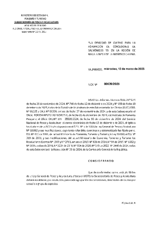 Res. Ex. N° 639-2025 Fija densidad de cultivo para la agrupación de concesiones de salmónidos 55 en la Región de Magallanes y de La Antártica Chilena. (Con Informe Técnico) (Publicado en Página Web 13-03-2025)