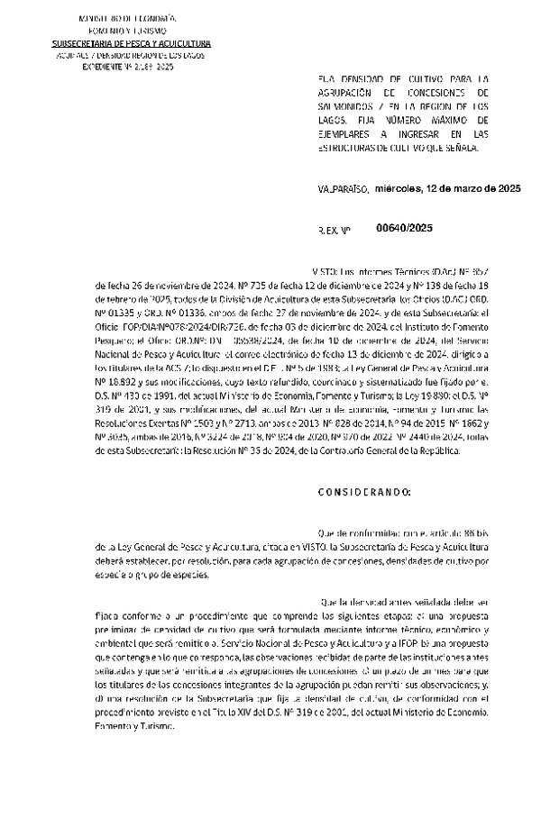Res. Ex. N° 640-2025 Fija densidad de cultivo para la agrupación de concesiones de salmónidos 7 en la Región de Los Lagos. Fija número máximo de ejemplares a ingresar en las estructuras de cultivo que señala. (Con Informe Técnico) (Publicado en Página Web 13-03-2025)