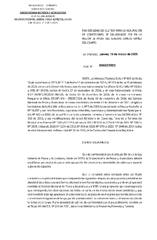 Res. Ex. N° 652-2025 Fija densidad de cultivo para la agrupación de concesiones de salmónidos 26B en la Región de Aysén del General Carlos Ibáñez del Campo. (Con Informe Técnico) (Publicado en Página Web 13-03-2025)