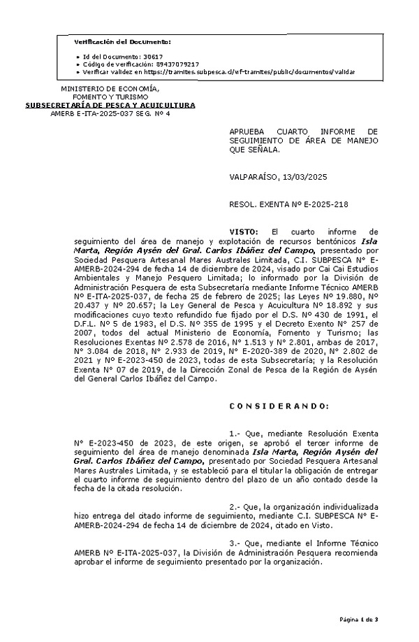 RESOL. EXENTA Nº E-2025-218 Aprueba cuarto informe de seguimiento. (Publicado en Página Web 14-03-2025)