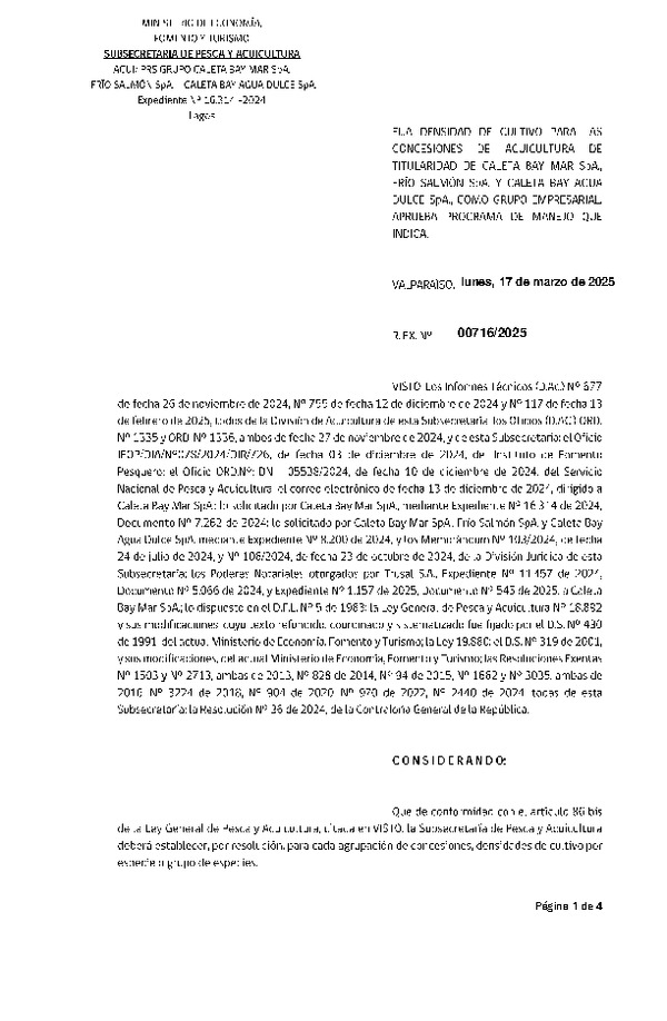 Res. Ex. Nº 716-2025 Fija densidad de cultivo para las concesiones de acuicultura de titularidad de Caleta Bay Mar SpA., Frío Salmón SpA., y Caleta Bay Agua Dulce SpA., como grupo empresarial. (Con informe técnico) (Publicado en Página Web 18-03-2025)