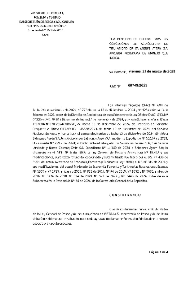 Res. Ex. Nº 749-2025 Fija densidad de cultivo para las concesiones de acuicultura de titularidad de Salmones Aysén S.A. Aprueba Programa de Manejo que Indica. (Con informe técnico) (Publicado en Página Web 21-03-2025)