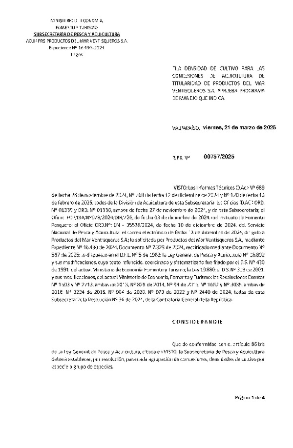 Res. Ex. N° 757-2025 Fija densidad de cultivo para las concesiones de acuicultura de titularidad de Productos del Mar Ventisqueros S.A. Aprueba programa de manejo que indica. (Con Informe Técnico) (Publicado en Página Web 24-03-2025)