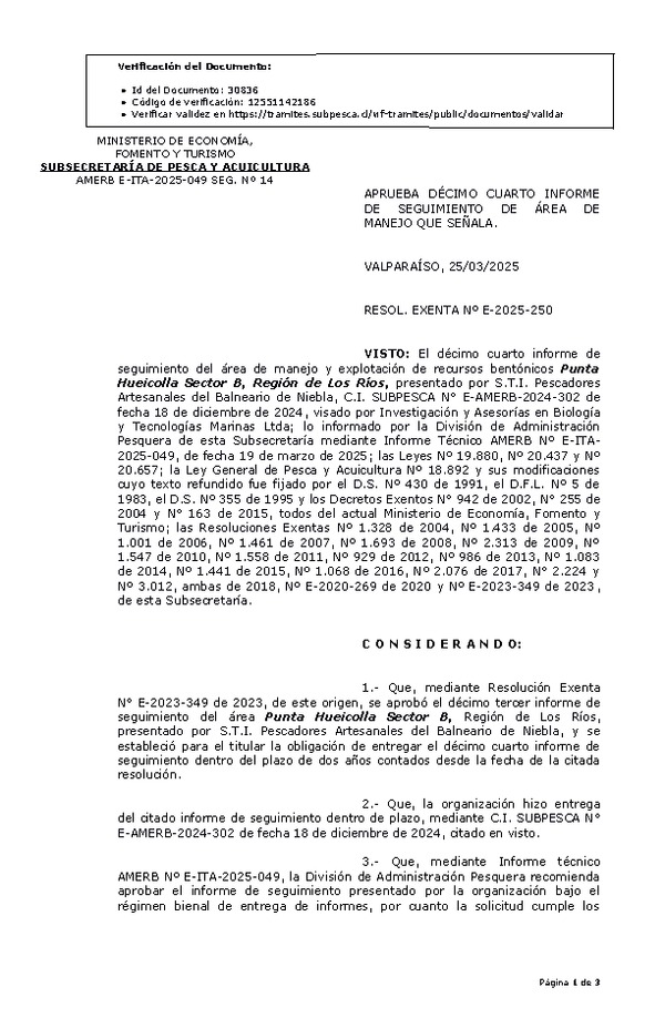 RESOL. EXENTA Nº E-2025-250 Aprueba 14° seguimiento. (Publicado en Página Web 25-03-2025)