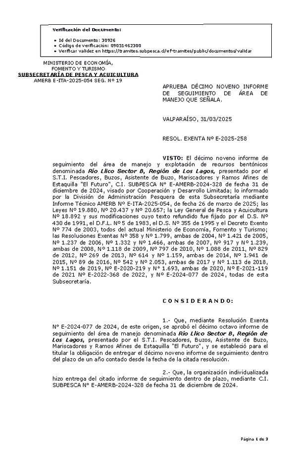 RESOL. EXENTA Nº E-2025-258 Aprueba décimo noveno informe de seguimiento. (Publicado en Página Web 31-03-2025)