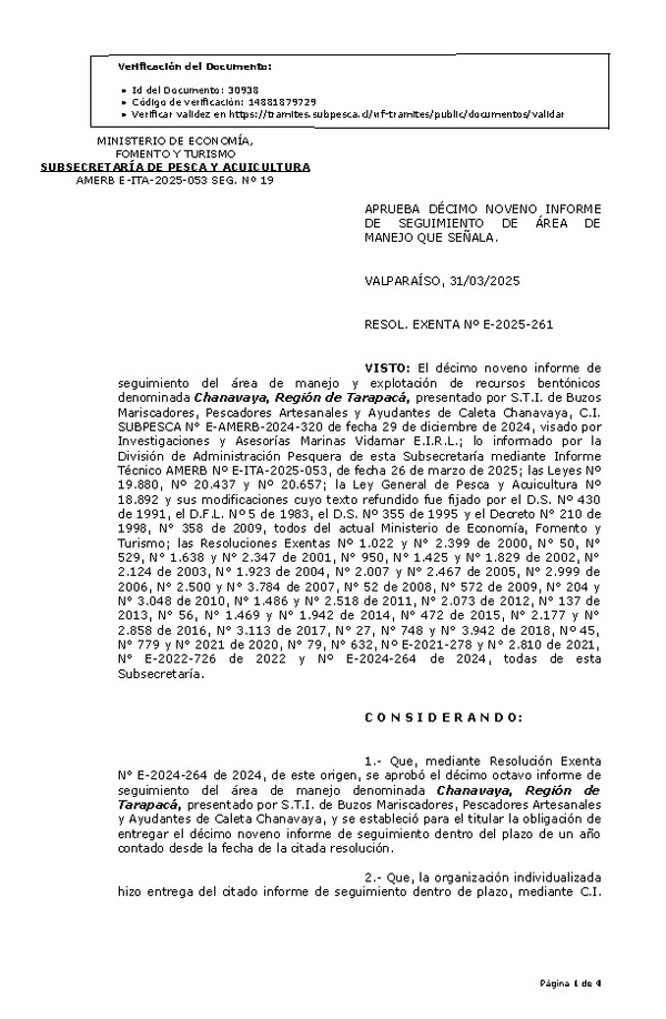 Res. Ex. N° E-2025-261 Aprueba décimo noveno Informe de Seguimiento. (Publicado en Página Web 01-04-2025)