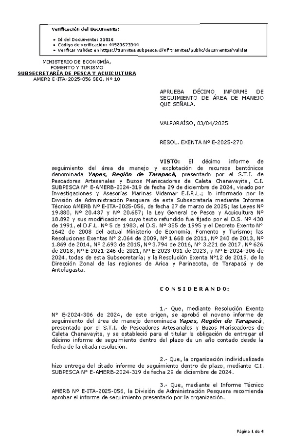 RESOL. EXENTA Nº E-2025-270 Aprueba décimo informe de seguimiento. (Publicado en Página Web 07-04-2025)