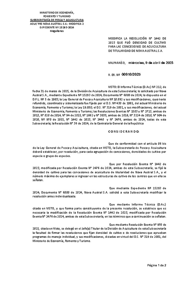 Res. Ex. N° 910-2025 Modifica Res. Ex. N° 1442-2023 Fija densidad de cultivo para las concesiones de titularidad de Nova Austral S.A. (Con informe técnico) (Publicado en Página Web 09-04-2025)