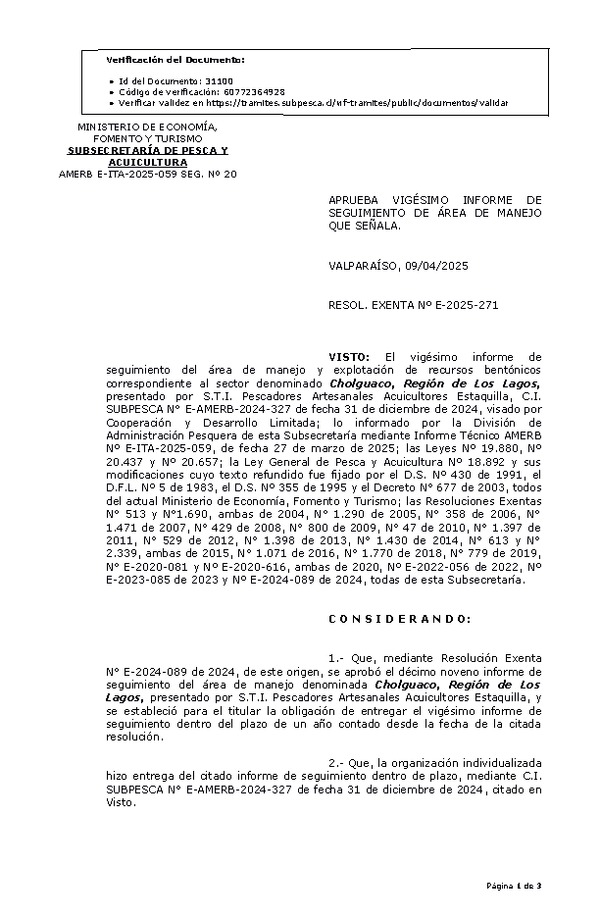 RESOL. EXENTA Nº E-2025-271 Aprueba vigésimo informe de seguimiento. (Publicado en Página Web 10-04-2025)