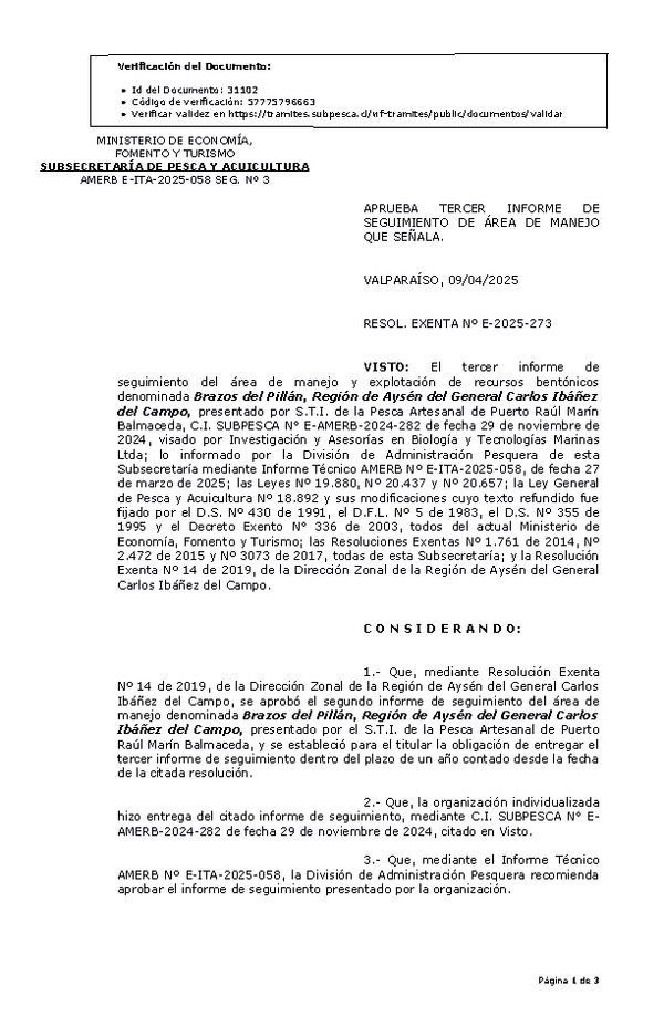 RESOL. EXENTA Nº E-2025-273 Aprueba tercer informe de seguimiento. (Publicado en Página Web 10-04-2025)