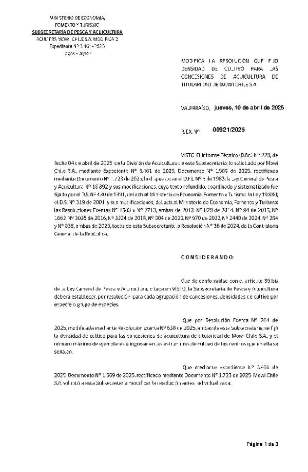 Res. Ex. N° 921-2025 Modifica Res. Ex. N° 284-2025 Fija densidad de cultivo para las concesiones de acuicultura de titularidad de Mowi Chile S.A. Aprueba programa de manejo que indica. (Con Informe Técnico) (Publicado en Página Web 11-04-2025)