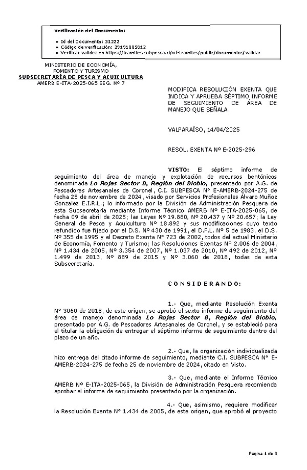RESOL. EXENTA Nº E-2025-296 Modifica resolución que indica, aprueba séptimo informe de seguimiento. (Publicado en Página Web 16-04-2025)