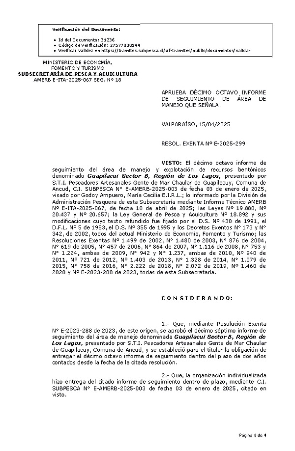 RESOL. EXENTA Nº E-2025-299 Aprueba décimo octavo informe de seguimiento. (Publicado en Página Web 16-04-2025)