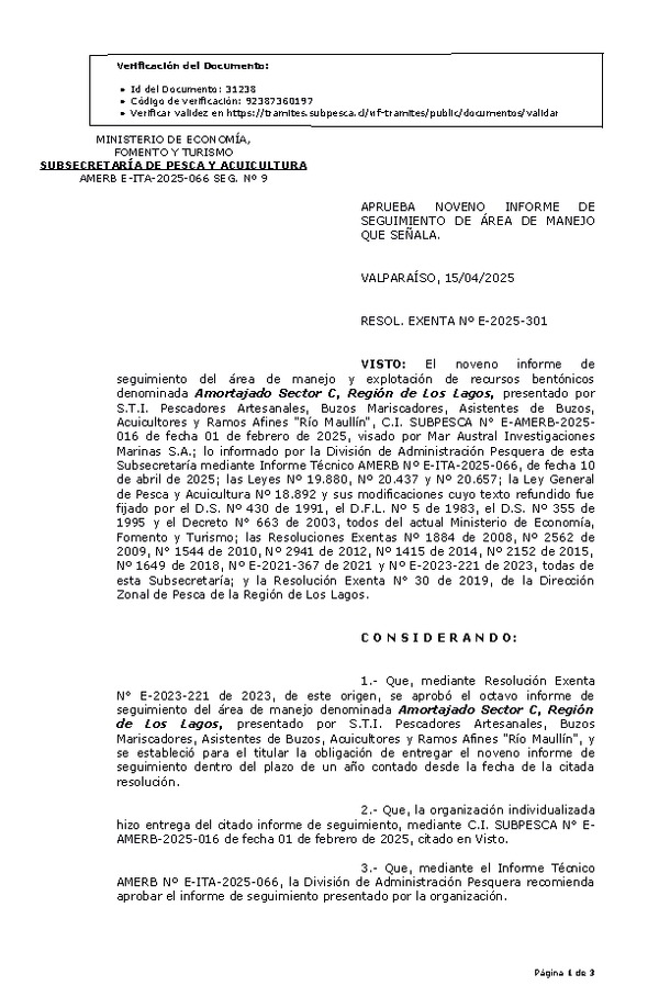 RESOL. EXENTA Nº E-2025-301 Aprueba noveno informe de seguimiento. (Publicado en Página Web 16-04-2025)