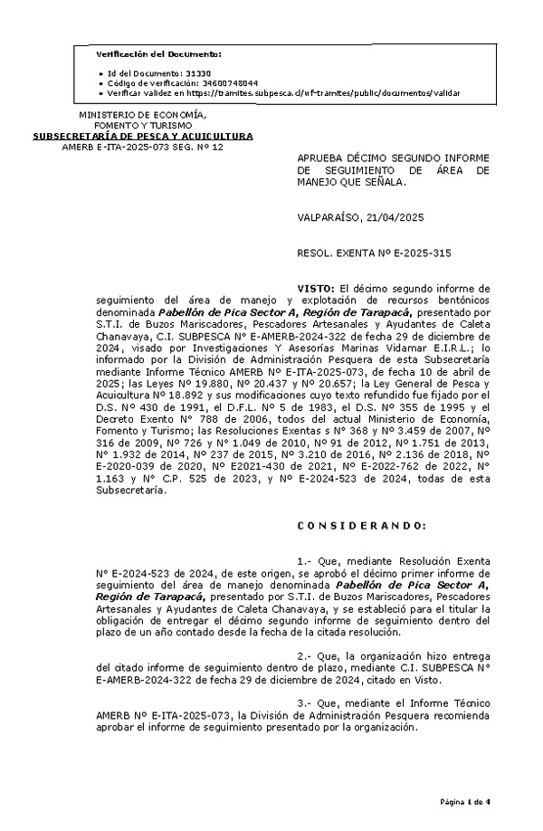 RES. EX. Nº E-2025-315 Aprueba 12º informe de seguimiento. (Publicado en Página Web 21-04-2025)