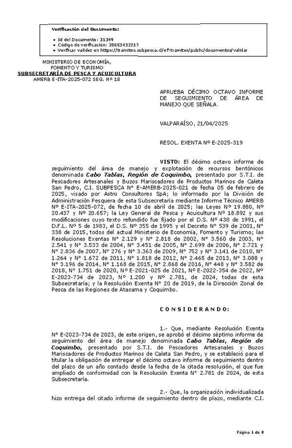 RES. EX. Nº E-2025-319 Aprueba 18° Seguimiento. (Publicado en Página Web 21-04-2025)