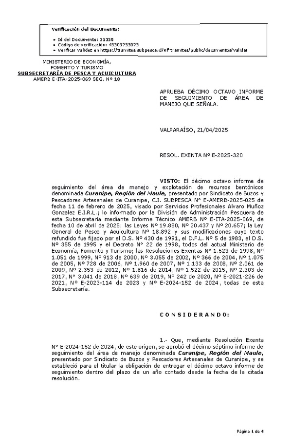 RES. EX. Nº E-2025-320 Aprueba 18º seguimiento. (Publicado en Página Web 21-04-2025).