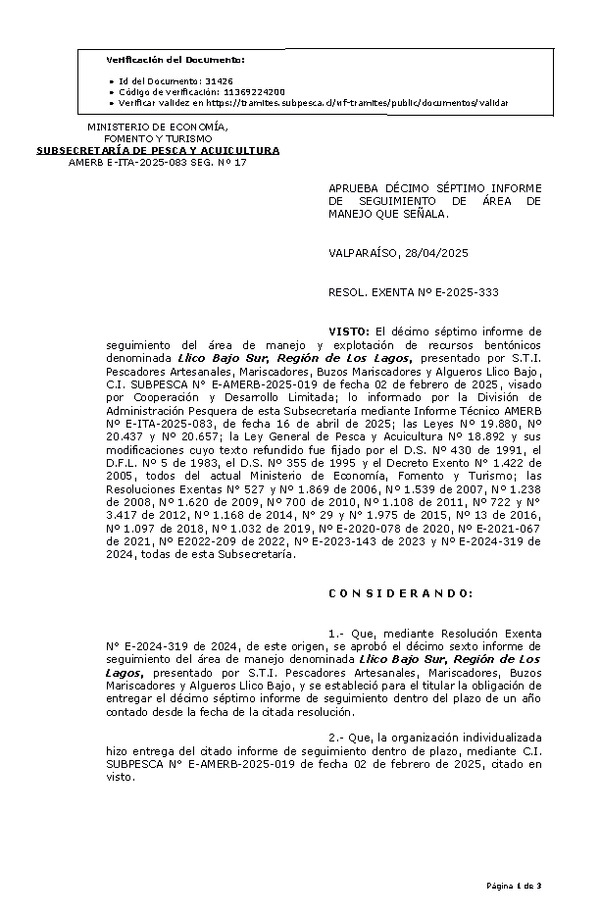 RESOL. EXENTA Nº E-2025-333 Aprueba décimo séptimo informe de seguimiento. (Publicado en Página Web 29-04-2025)