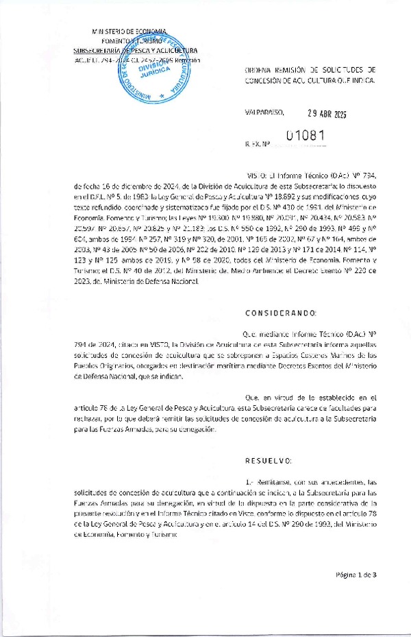 Res. Ex. N° 1081-2025 Ordena remisión de solicitudes de concesión de acuicultura que indica. (Publicado en Página Web 30-04-2025)