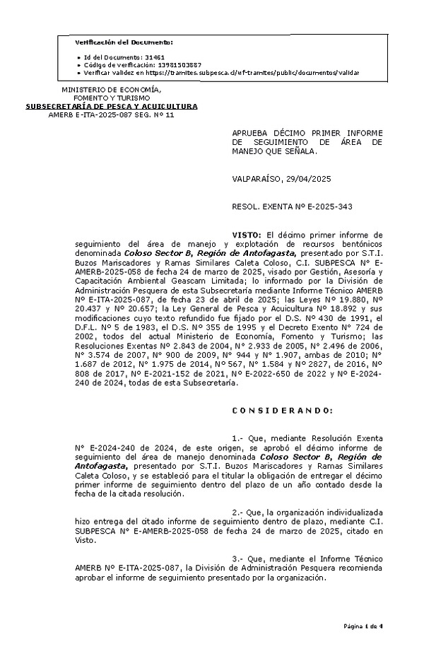 RESOL. EXENTA Nº E-2025-343 Aprueba décimo primer informe de seguimiento. (Publicado en Página Web 30-04-2025)