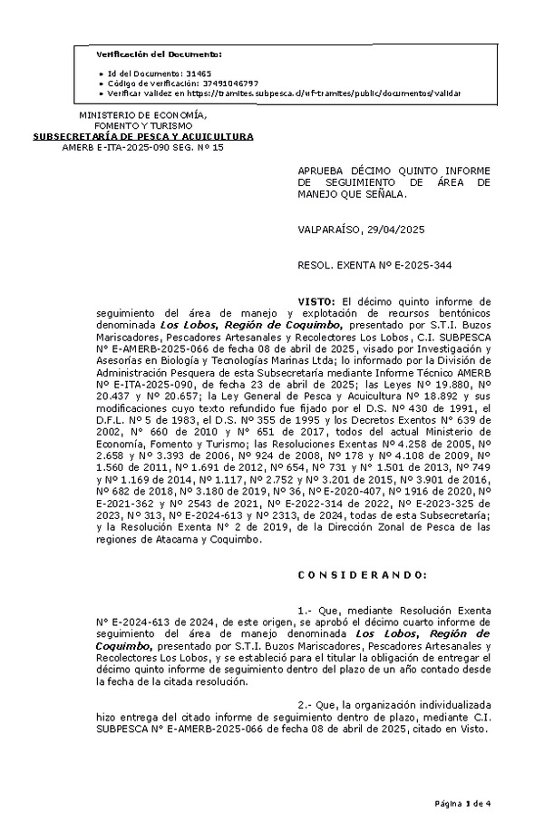 RESOL. EXENTA Nº E-2025-344 Aprueba décimo quinto informe de seguimiento. (Publicado en Página Web 30-04-2025)