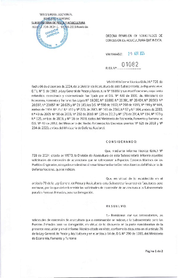 Res. Ex. N° 1082-2025 Ordena remisión de solicitudes de concesión de acuicultura que indica. (Publicado en Página Web 30-04-2025)