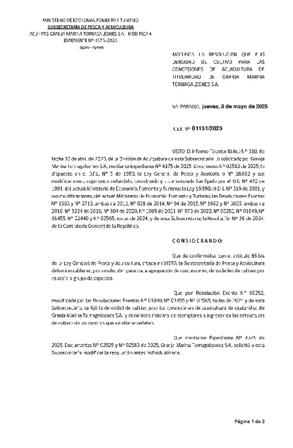 Res. Ex. N° 1151-2024 Modifica Res. Ex. N° 252-2024 Fija densidad de cultivo para las concesiones de acuicultura de titularidad de Granja Marina Tornagaleones S.A. Aprueba Programa de Manejo que Indica. (Con informe técnico) (Publicado en Página Web 08-05-2025)