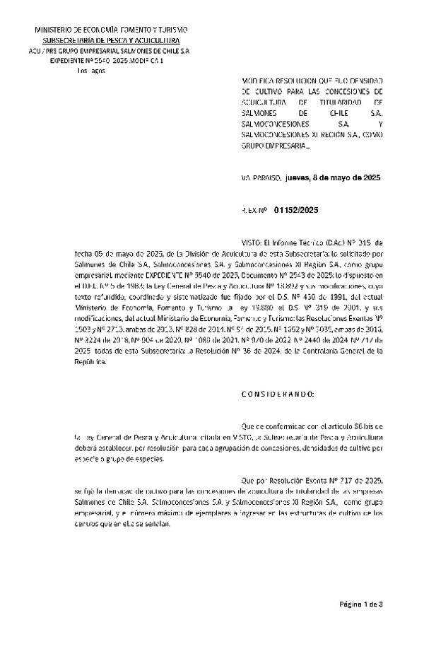 Res. Ex. Nº 1152-2025 Fija densidad de cultivo para las concesiones de acuicultura de titularidad de Salmones de Chile S.A., Salmoconcesiones S.A. y Salmoconcesiones XI región S.A. como grupo empresarial. (Con informe técnico) (Publicado en Página Web 08-05-2025)