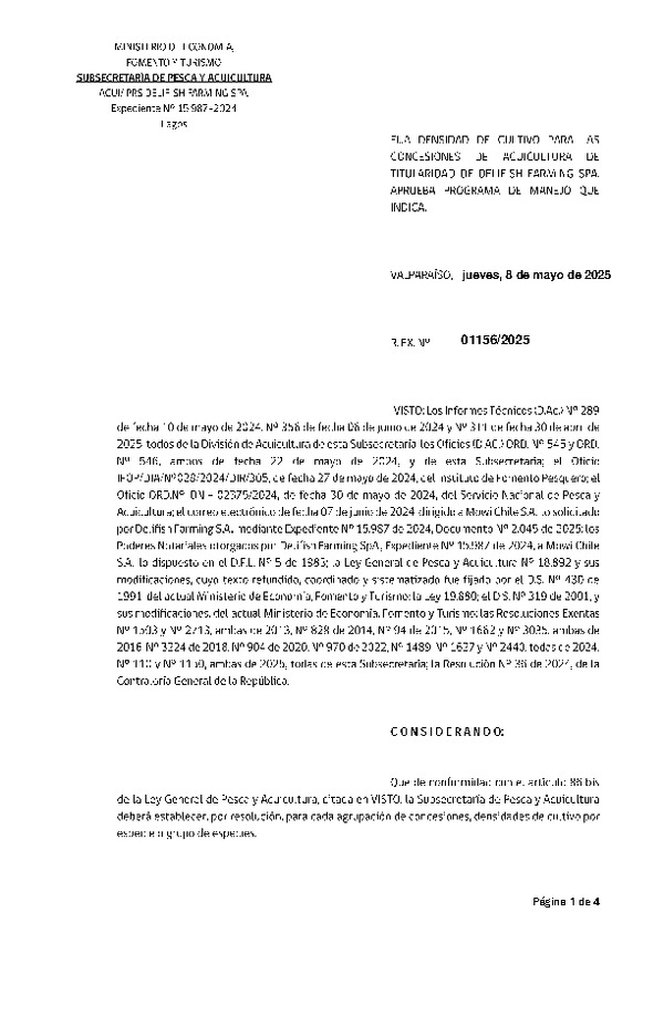 Res. Ex. N° 1156-2025 Fija densidad de cultivo para las concesiones de acuicultura de titularidad de Delifish Farming SpA. Aprueba Programa de Manejo que Indica. (Con informe técnico) (Publicado en Página Web 09-05-2025)