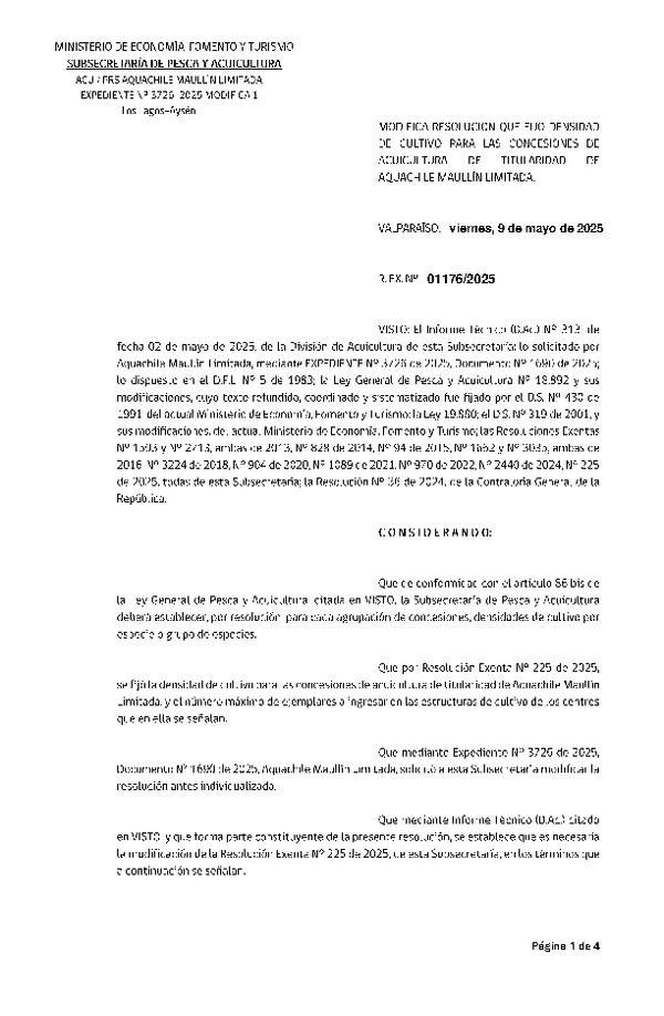 Res. Ex. Nº 1176-2025 Modifica Res. Ex. N° 225-2025 Fija densidad de cultivo para las concesiones de acuicultura de titularidad de Aquachile Maullín Limitada. (Con Informe Técnico) (Publicado en Página Web 12-05-2025)