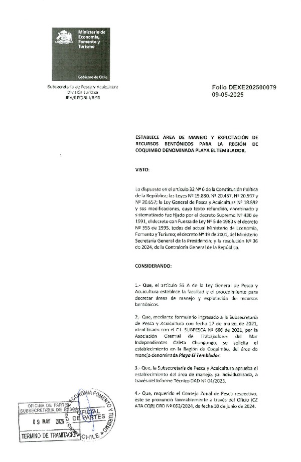 Dec. Ex. Folio 202500079 Establece Área de Manejo y Explotación de Recursos Bentónicos para la Región de Coquimbo Denominada Playa El Temblador. (Publicado en Página Web 14-05-2025)