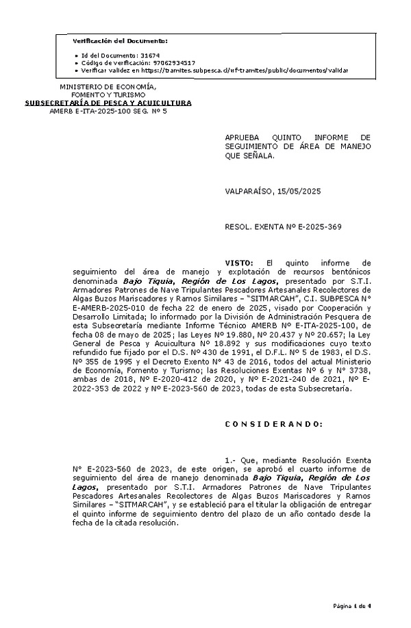 RESOL. EXENTA Nº E-2025-369 Aprueba 5° seguimiento. (Publicado en Página Web 16-05-2025)