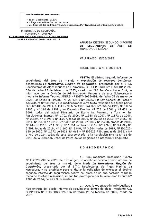 RESOL. EXENTA Nº E-2025-371 Aprueba décimo segundo informe de seguimiento. (Publicado en Página Web 16-05-2025)