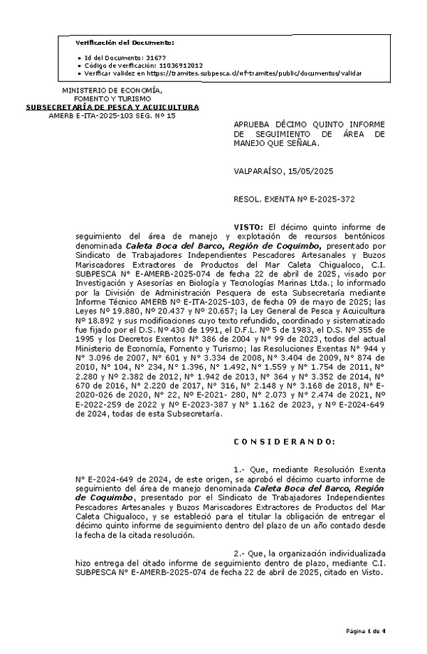 RESOL. EXENTA Nº E-2025-372 Aprueba décimo quinto informe de seguimiento. (Publicado en Página Web 16-05-2025)