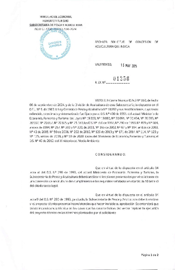 Res. Ex. N° 1256-2025 Rechaza solicitud de concesión de acuicultura que indica.