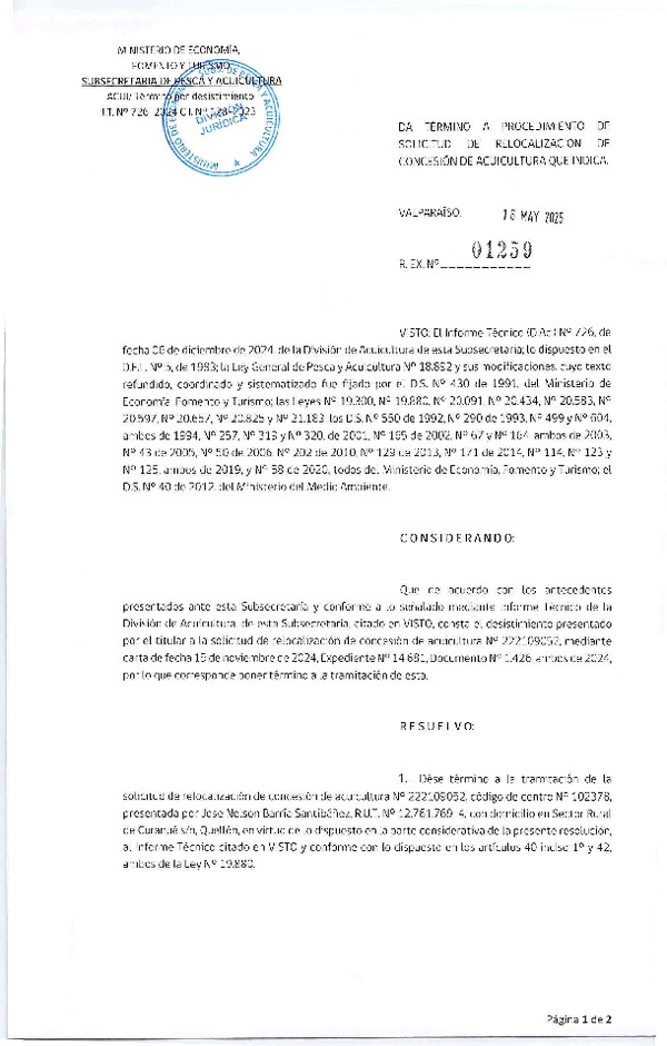 Res. Ex. N° 1259-2025 Da termino a procedimientos de relocalización de concesión de acuicultura que indica. (Publicado en Página Web 19-05-2025)
