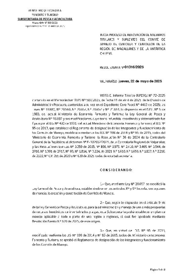 Res. Ex. N° 1316-2025 Inicia Proceso de Renovación de Miembros Titulares y Suplentes del Comité de Manejo de Centolla y Centollón, de la Región de Magallanes y de La Antártica Chilena. (Publicado en Página Web 22-05-2025)