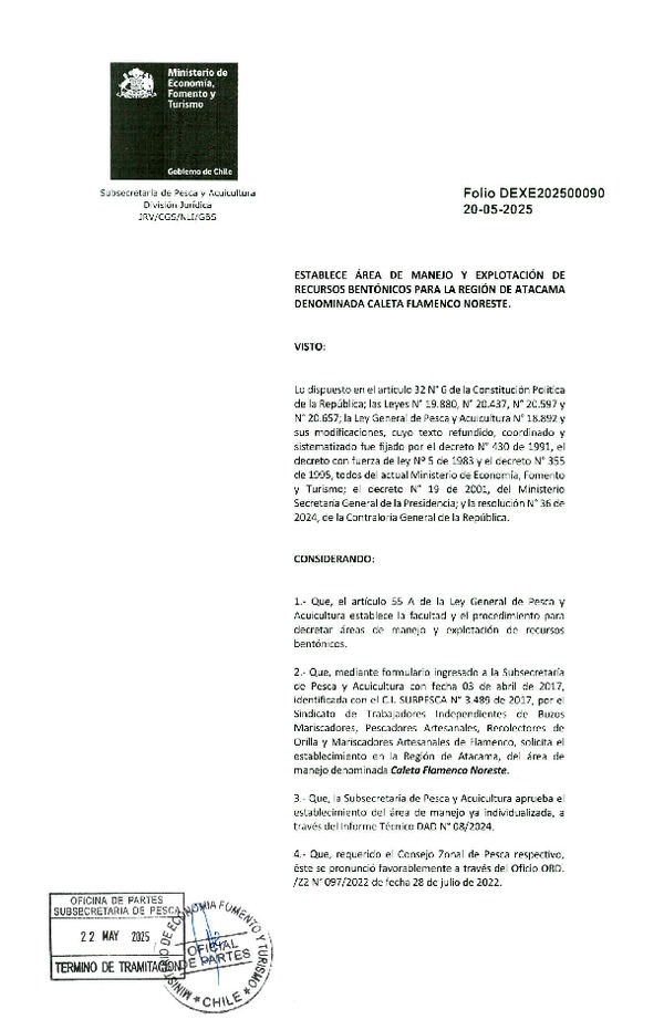 Dec. Ex. Folio 202500090 Establece Área de Manejo y Explotación de Recursos Bentónicos para la Región de Atacama Denominada Caleta Flamenco Noreste. (Publicado en Página Web 23-05-2025)