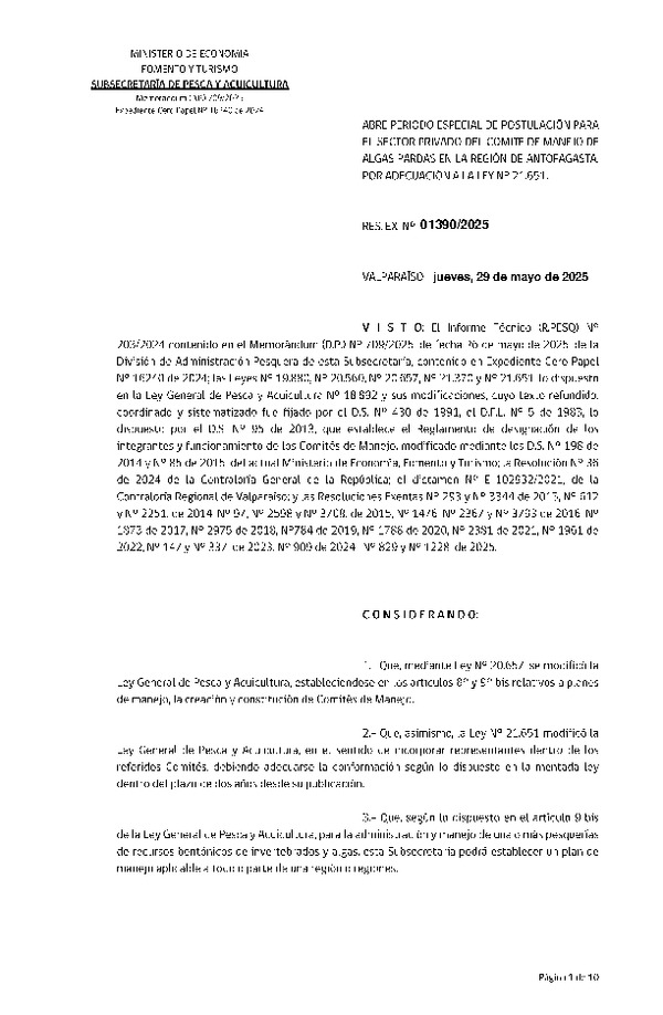 Res. Ex N° 1390-2023, Abre Período Especial de Postulación para el Sector Privado del Comité de Manejo de Algas Pardas de la Región de Antofagasta por Adecuación a la Ley N° 21.651. (Publicado en Página Web 30-05-2025)