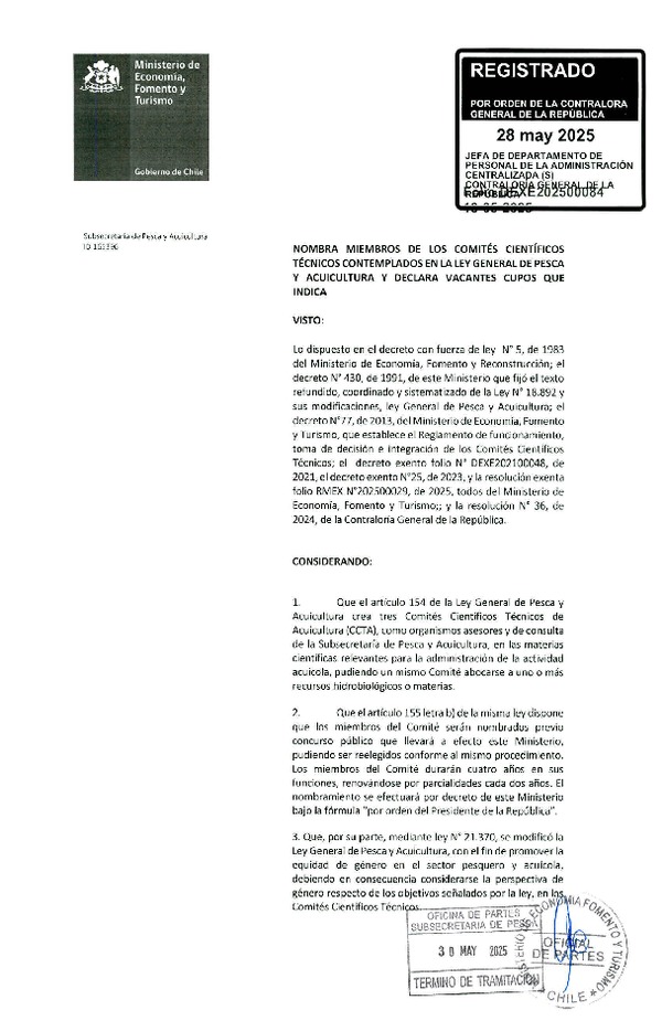 Dec. Ex. Folio 202500084 Nombra Miembros de los Comités Científicos Técnicos Contemplados en la ley General de Pesca y Acuicultura y Declara Vacantes Cupos que Indica. (Publicado en Página Web 02-06-2025)