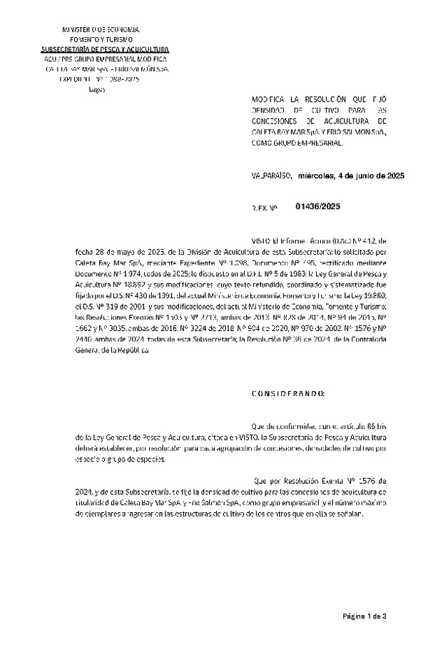 Res. Ex. N° 1436-2025 Modifica Res. Ex. N° 1576-2024 Fija densidad de cultivo para las concesiones de acuicultura de titularidad de Caleta Bay Mar SpA. y Frío Salmón SpA., como grupo empresarial. Aprueba programa de manejo que indica. (Con Informe Técnico) (Publicado en Página Web 05-06-2025)