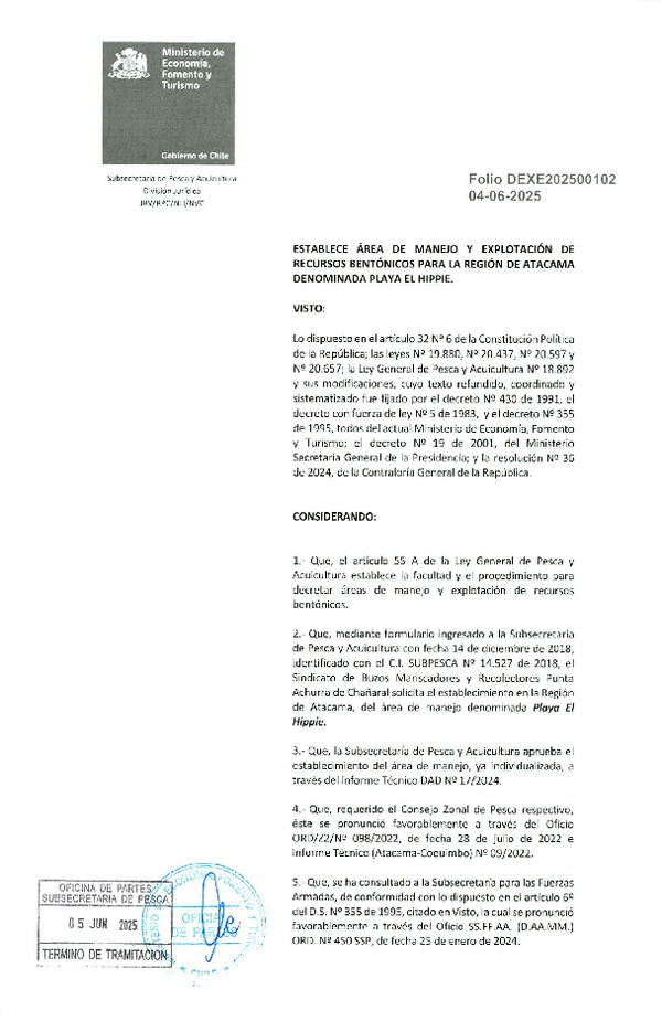 Dec. Ex. N° Folio 202500102 Establece Área de Manejo y Explotación de Recursos Bentónicos Para la Región de Atacama Denominada Playa El Hippie. (Publicado en Página Web 05-06-2025)